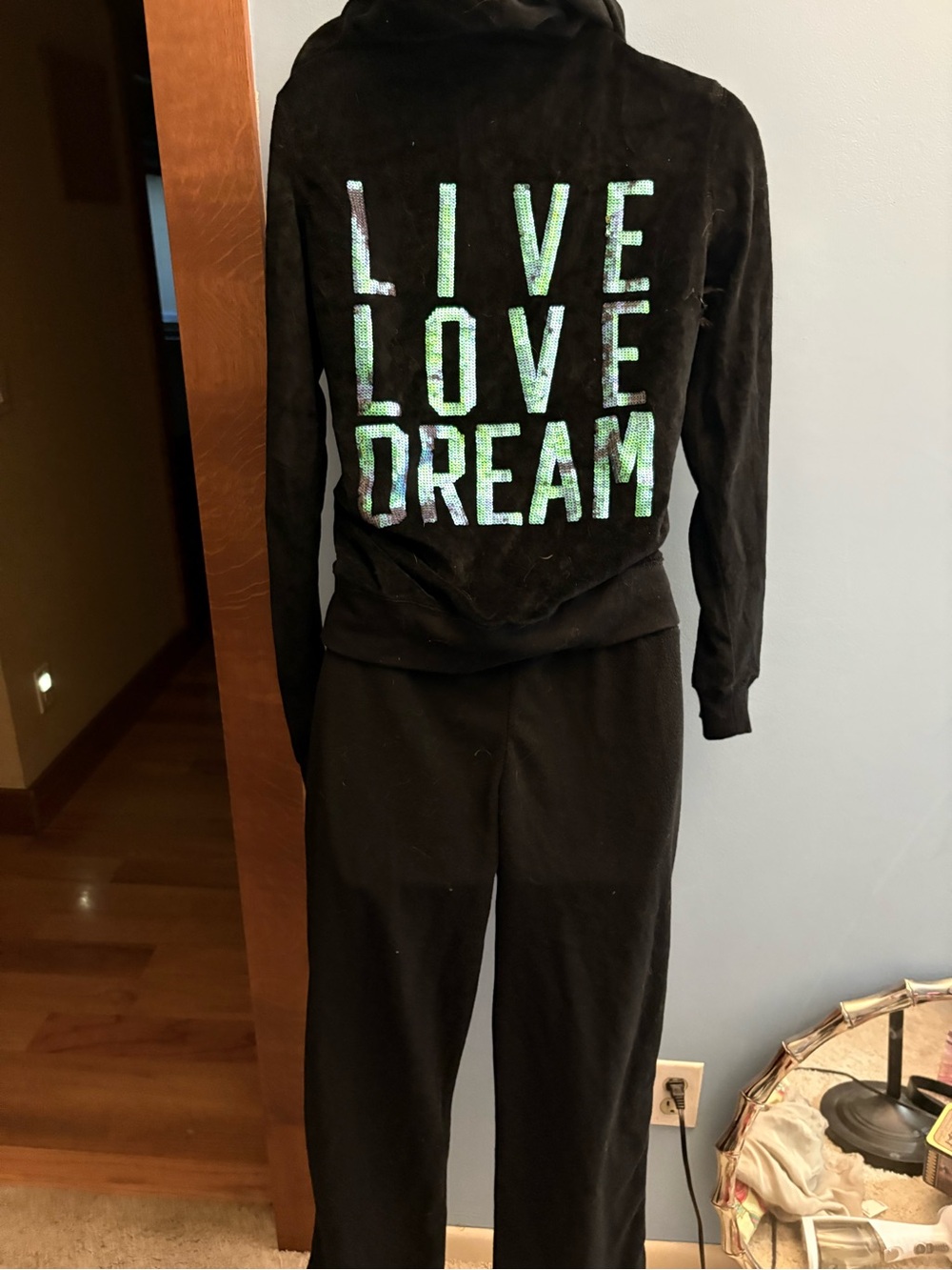 Black Track Jogger Set Pants (Sm) Zip Hoodie (M) with Sequin Live Love Dream